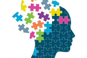 Front cover of the report on Children and Adolescent Mental Health Services in Kent. The image is a silhouette of a persons head made up of jigsaw puzzle pieces. 