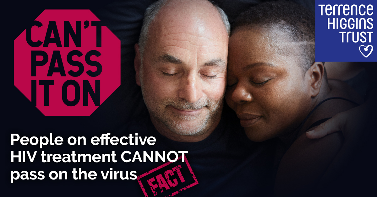 Image of a man and a woman cuddled together. The text says "I'm on effective treatment meaning HIV is undetectable in my blood, so I can't pass it on to anyone else".