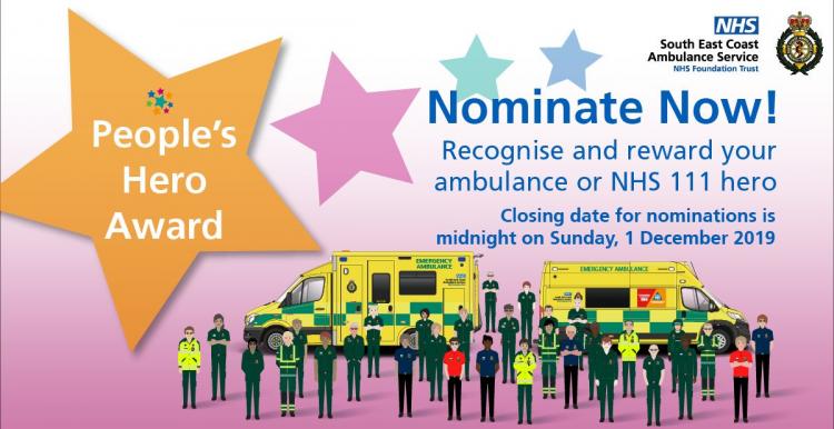 Image of SECAmb's nomination promo poster. It has an illustration of members of Ambulance and NHS 111 staff. standing next to a huge star with the text, "People's Hero Award".