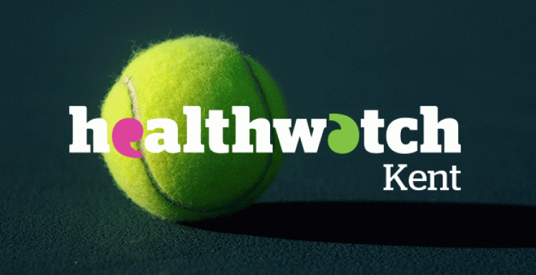 The Healthwatch logo over an image of a tennis ball on a pitch. The logo occasionally pixelates to hint the campaign style.