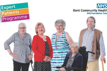 Five older people smiling at the camera. The text in the image says, "Expert patient programme", 