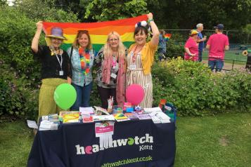 A picture of the team holding a rainbow flag at Canterbury Pride in 2018