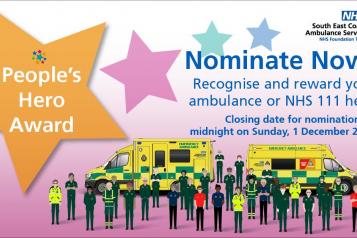 Image of SECAmb's nomination promo poster.  It has an illustration of members of Ambulance and NHS 111 staff. standing next to a huge star with the text, "People's Hero Award".