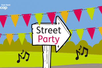 East Kent Mencap's graphic of a wooden arrow-shaped sign, saying "street party", surrounded by bunting and green fields. 