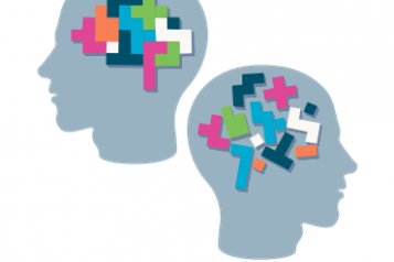 Report cover to the dementia report. The illustration is of two head with tetris blocks inside of them. One is dishevelled and the other is in an order. 