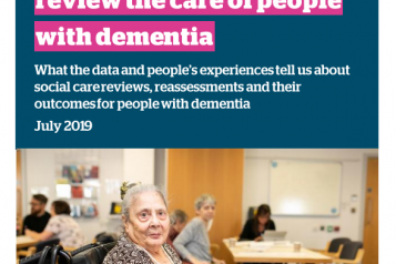 Dementia report front cover shows an older woman sitting in a wheelchair at a care centre.