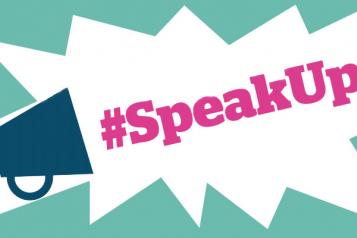 An illustration of a megaphone shouting "#speak up"