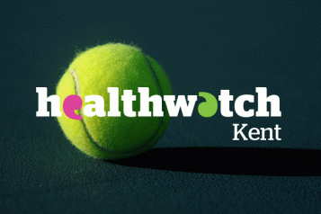 The Healthwatch logo over an image of a tennis ball on a pitch. The logo occasionally pixelates to hint the campaign style. 