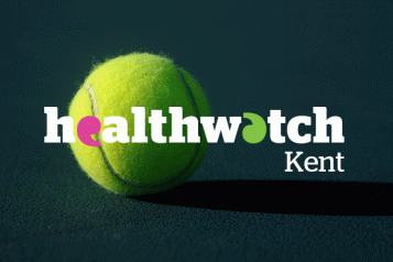 The Healthwatch logo over an image of a tennis ball on a pitch. The logo occasionally pixelates to hint the campaign style.